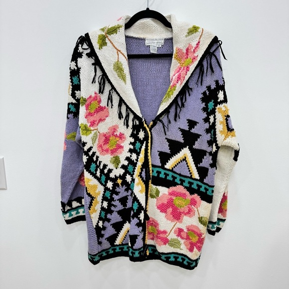 Vintage 80’s Jennifer Reed hand knitted floral sweater Aztec Sz  Medium Fringe - Picture 1 of 8